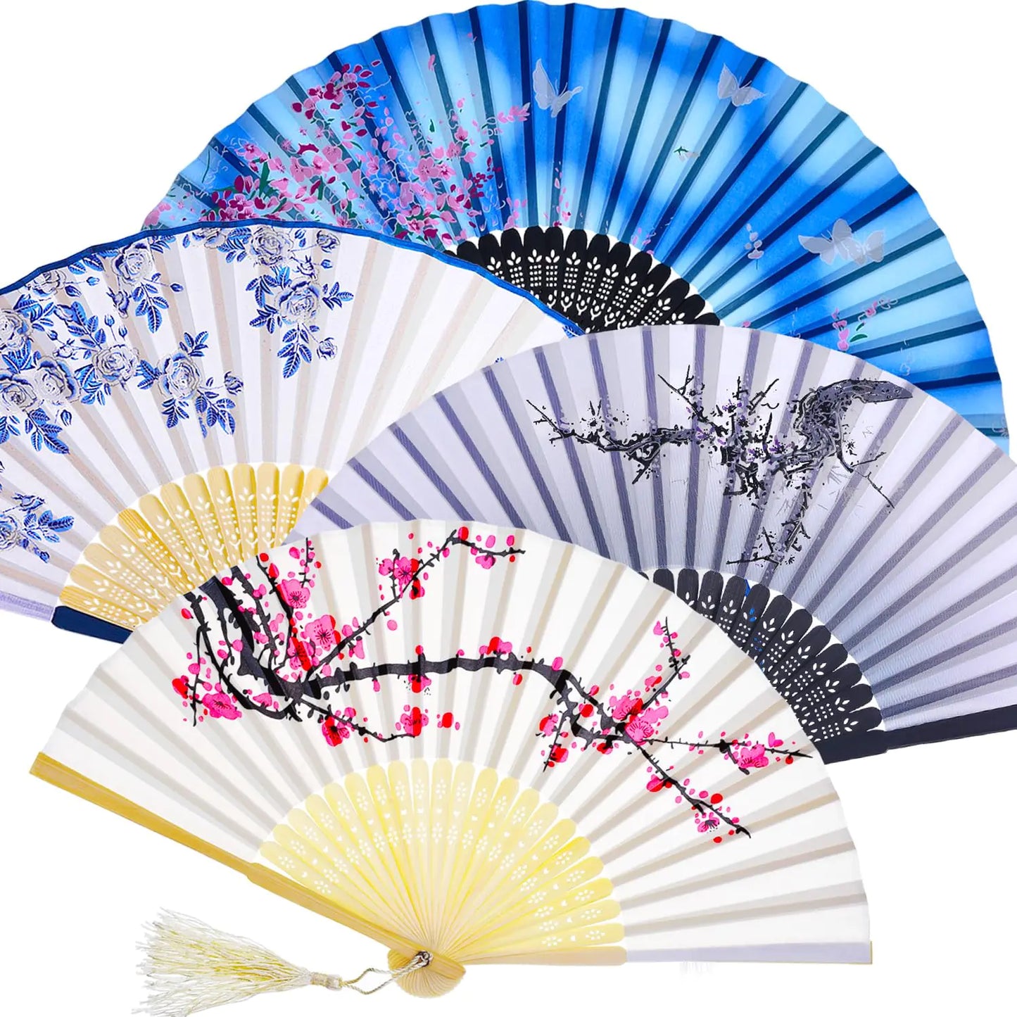 Zonon 4 Pack Handheld Floral Folding Fans Hand Held Fans Silk Bamboo Fans with Tassel Women Hollowed Hand Foldable Fan with Fabric Sleeve for Dancing Wedding Decoration Gifts(Adorable)