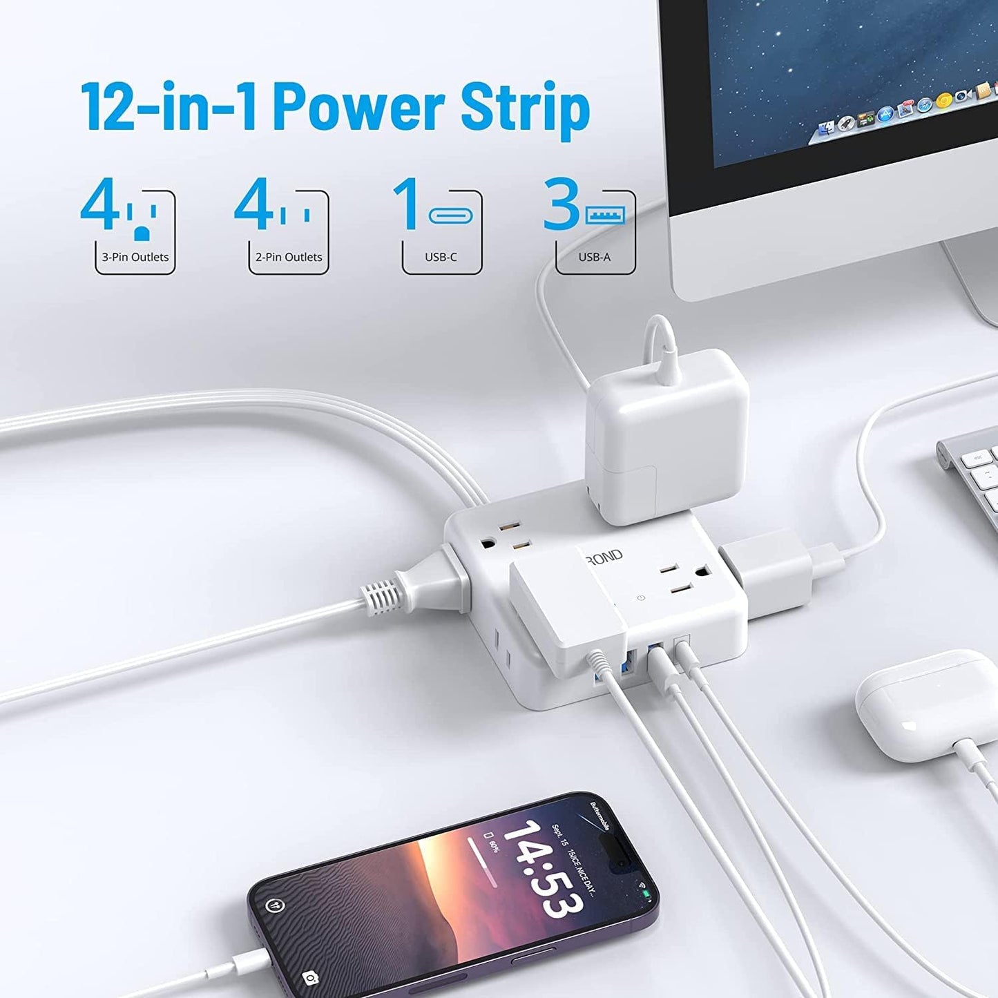 Surge Protector Power Strip, 5FT Flat Plug Extension Cord, 8 Widely AC Outlets, 3 USB a and 1 USB C, 1440J Surge Protection, Desk Charging Station for Office Supplies, Dorm Room Essentials