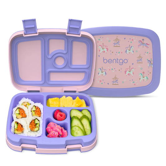 Kids Prints Leak-Proof, 5-Compartment Bento-Style Kids Lunch Box - Ideal Portion Sizes for Ages 3-7, Durable, Drop-Proof, Dishwasher Safe, & Made with Bpa-Free Materials (Carousel Unicorns)