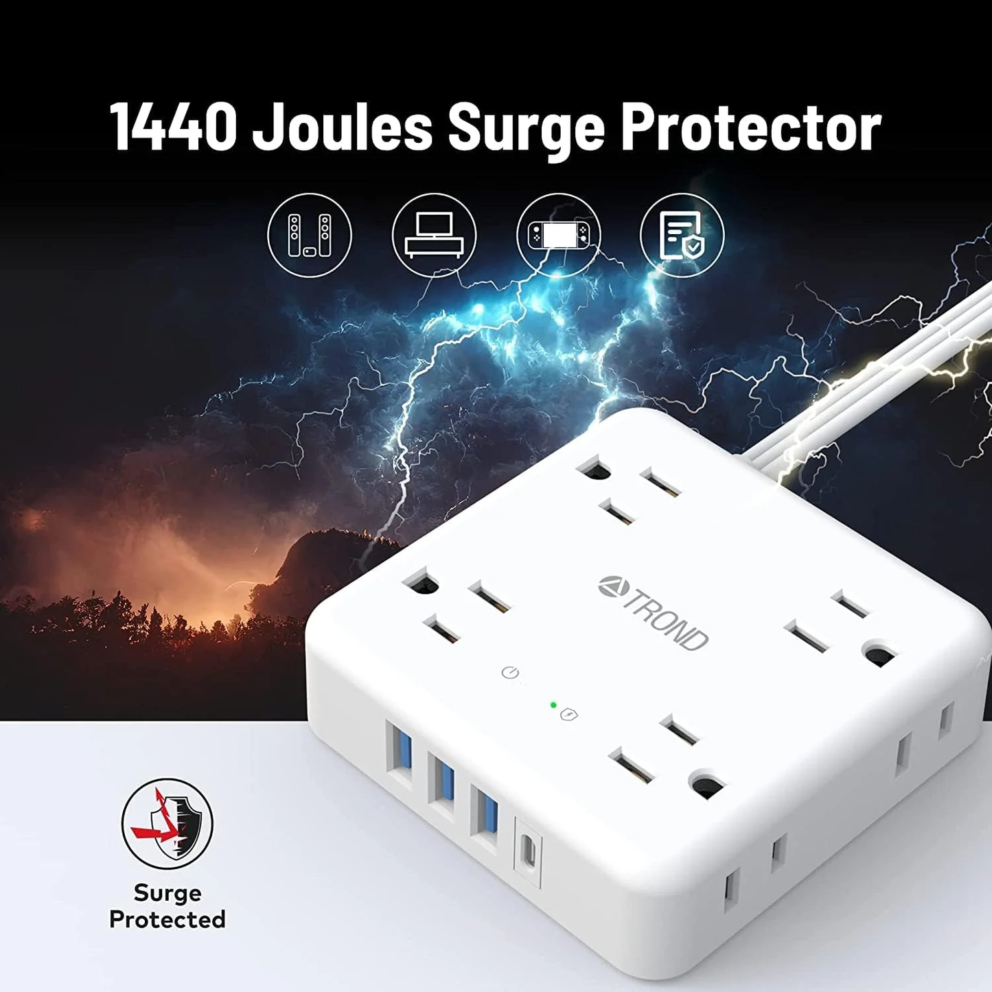 Surge Protector Power Strip, 5FT Flat Plug Extension Cord, 8 Widely AC Outlets, 3 USB a and 1 USB C, 1440J Surge Protection, Desk Charging Station for Office Supplies, Dorm Room Essentials