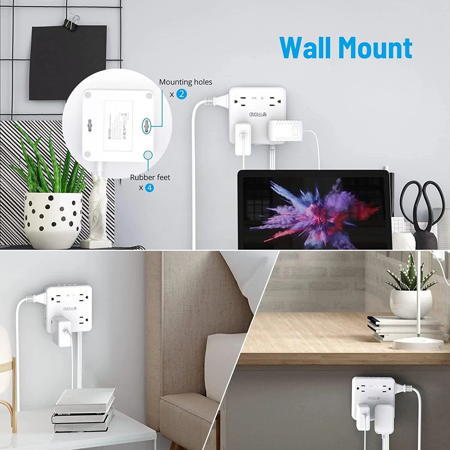 Surge Protector Power Strip, 5FT Flat Plug Extension Cord, 8 Widely AC Outlets, 3 USB a and 1 USB C, 1440J Surge Protection, Desk Charging Station for Office Supplies, Dorm Room Essentials