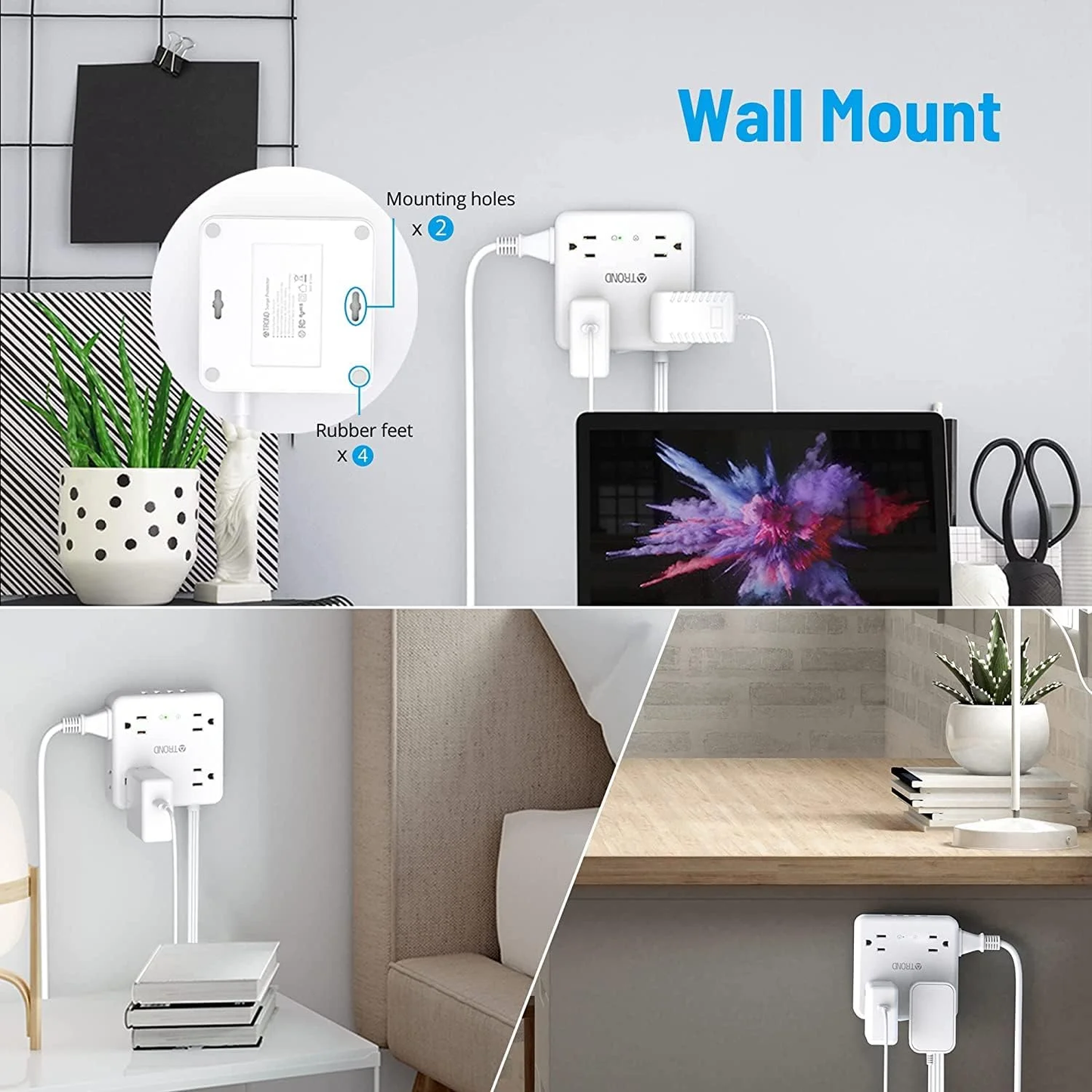 Surge Protector Power Strip, 5FT Flat Plug Extension Cord, 8 Widely AC Outlets, 3 USB a and 1 USB C, 1440J Surge Protection, Desk Charging Station for Office Supplies, Dorm Room Essentials