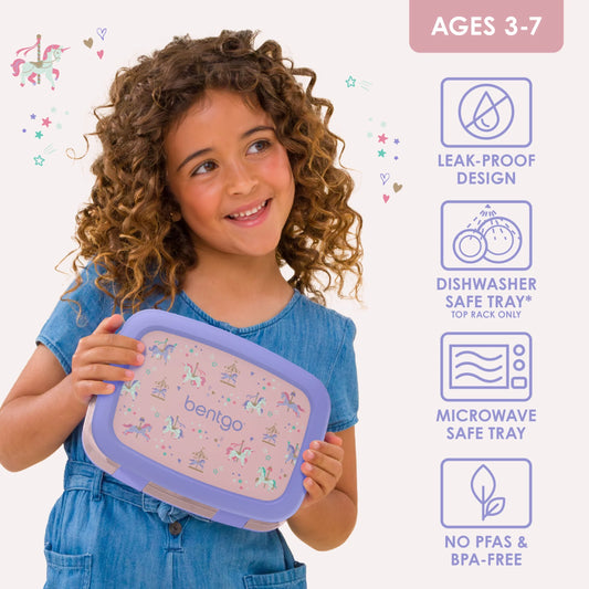 Kids Prints Leak-Proof, 5-Compartment Bento-Style Kids Lunch Box - Ideal Portion Sizes for Ages 3-7, Durable, Drop-Proof, Dishwasher Safe, & Made with Bpa-Free Materials (Carousel Unicorns)