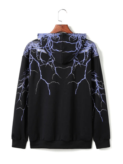 Lightning Print Hoodie, Long Sleeve Fleece Sweatshirt