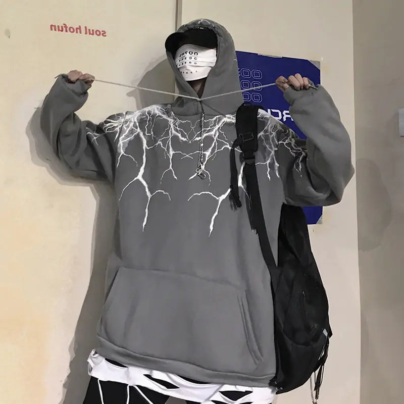 Lightning Print Hoodie, Long Sleeve Fleece Sweatshirt