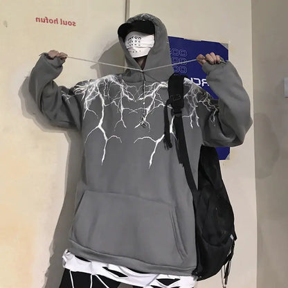 Lightning Print Hoodie, Long Sleeve Fleece Sweatshirt