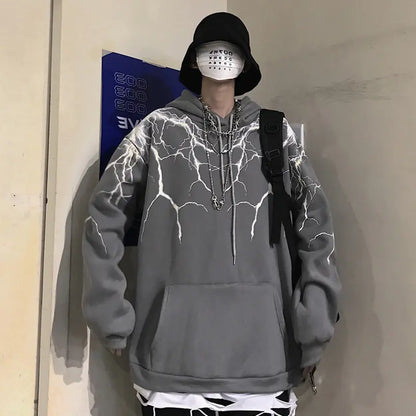 Lightning Print Hoodie, Long Sleeve Fleece Sweatshirt