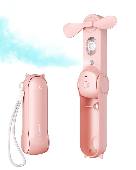 SWEETFULL Misting Fan Portable Handheld Personal Mister Fan Small Fan Rechargeable Mini Spray Water Mist Fan Kids Women Portable Fan For Travel Outdoors Hiking Camping Home Office (Pink)