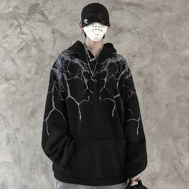 Lightning Print Hoodie, Long Sleeve Fleece Sweatshirt