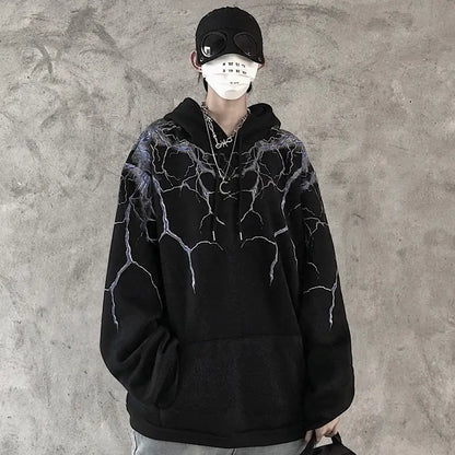 Lightning Print Hoodie, Long Sleeve Fleece Sweatshirt