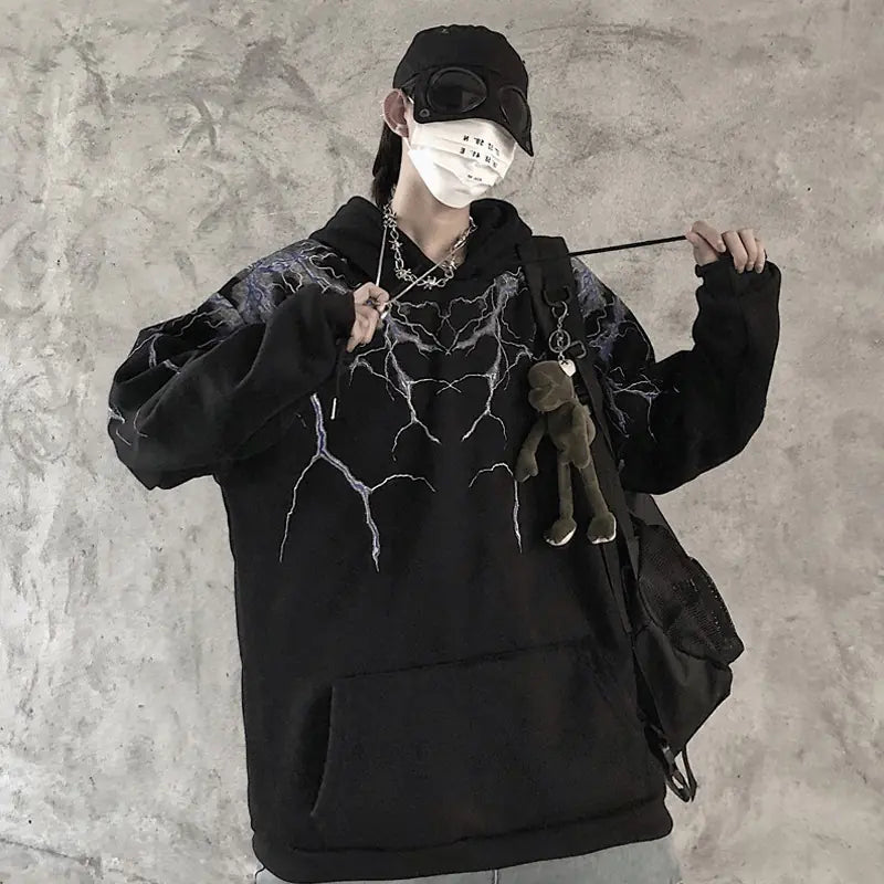 Lightning Print Hoodie, Long Sleeve Fleece Sweatshirt