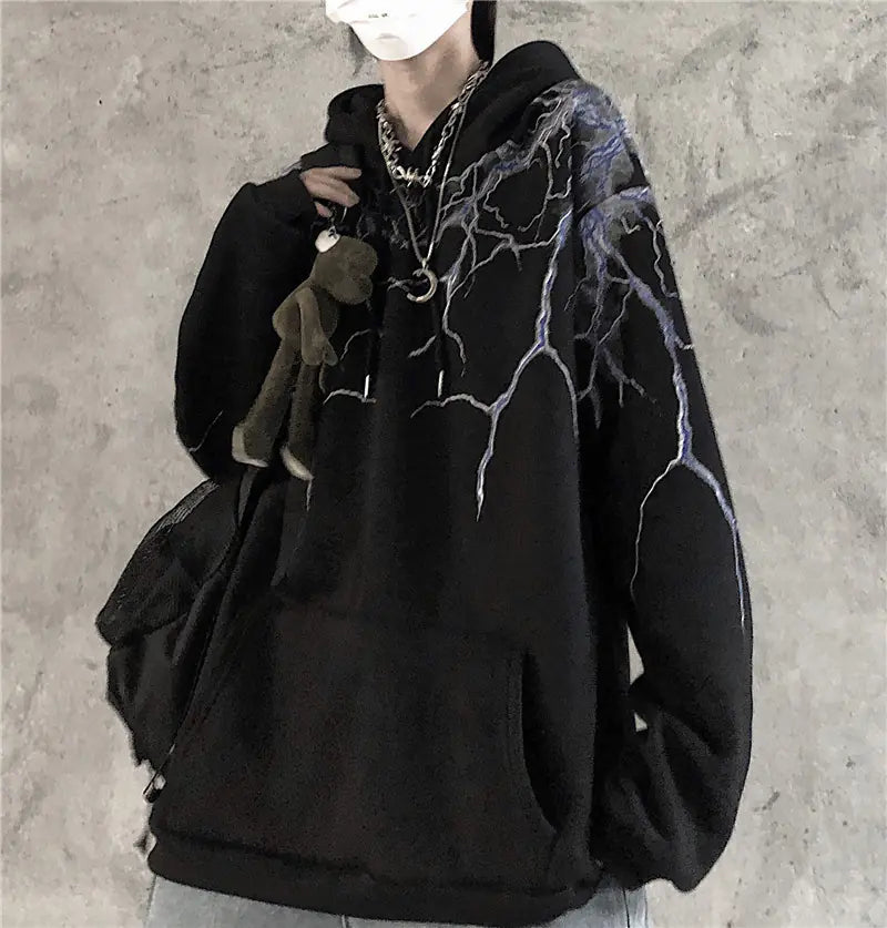 Lightning Print Hoodie, Long Sleeve Fleece Sweatshirt