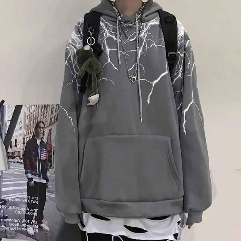 Lightning Print Hoodie, Long Sleeve Fleece Sweatshirt