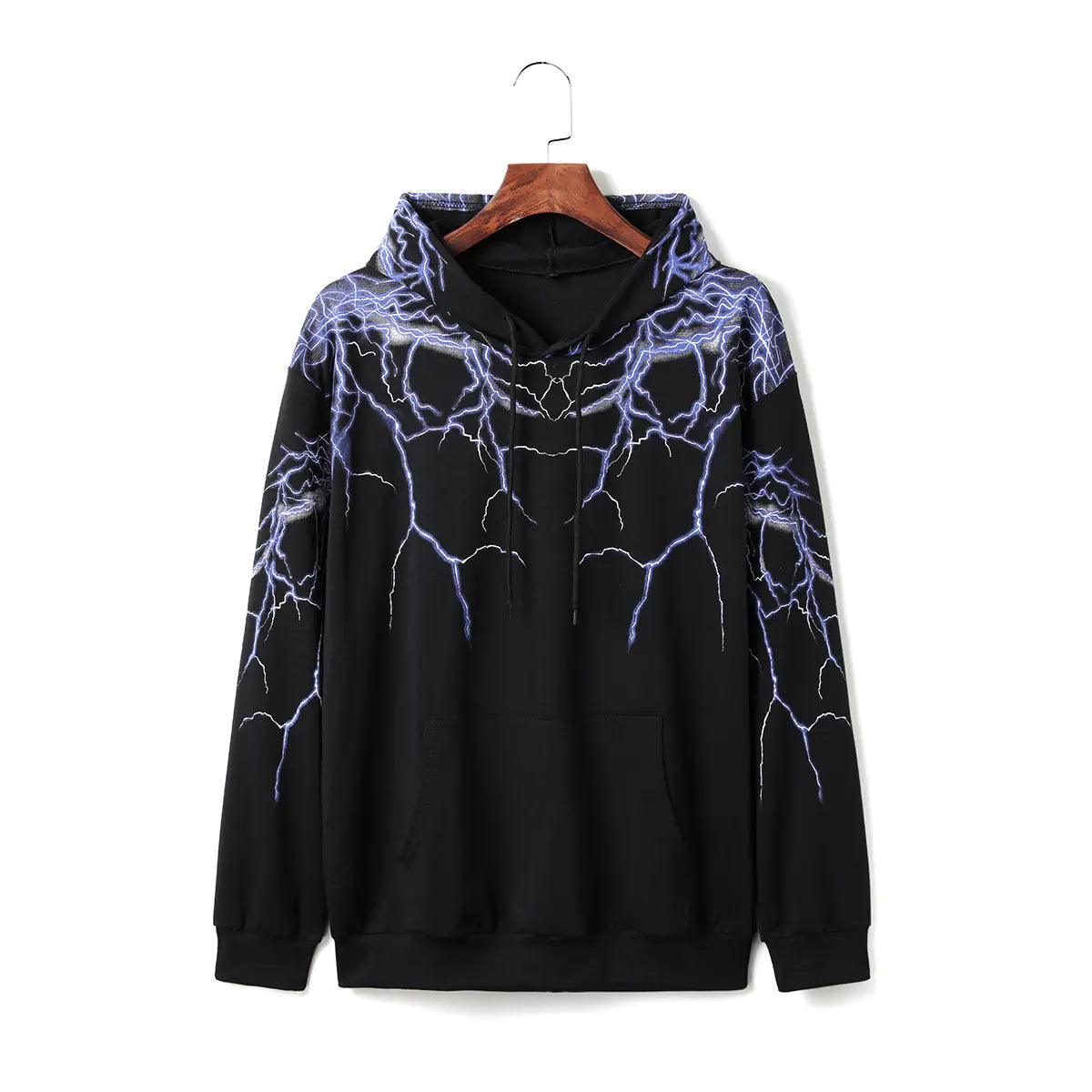 Lightning Print Hoodie, Long Sleeve Fleece Sweatshirt