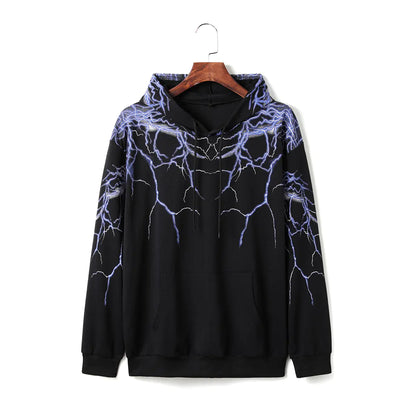 Lightning Print Hoodie, Long Sleeve Fleece Sweatshirt