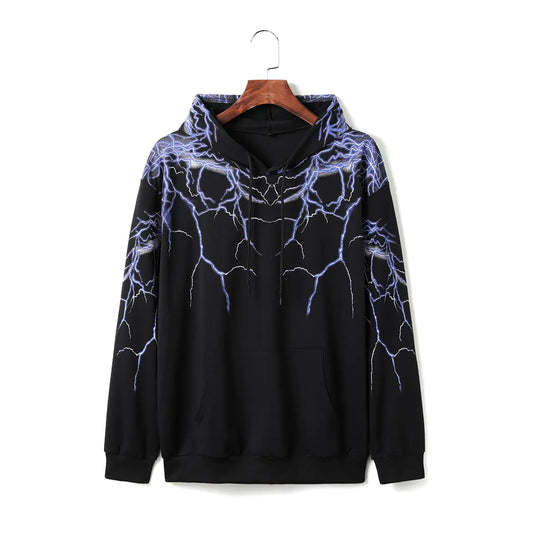Lightning Print Hoodie, Long Sleeve Fleece Sweatshirt